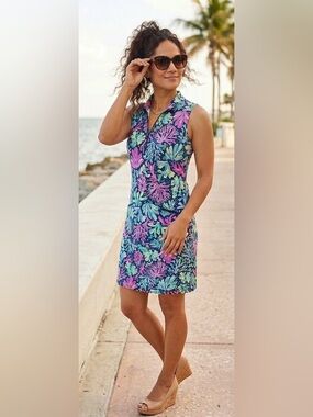 Aryeh Tropical Print Dress XS Navy Pink Green Resort Golf Stretch Pockets